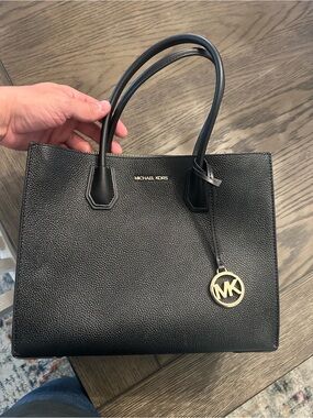 Michael Kors Black Pebbled Leather Tote with Gold MK Charm